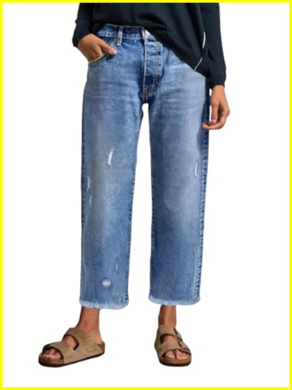 Stretchy Distressed Ankle Jeans Women Mid Rise Zip Fly Straight Leg